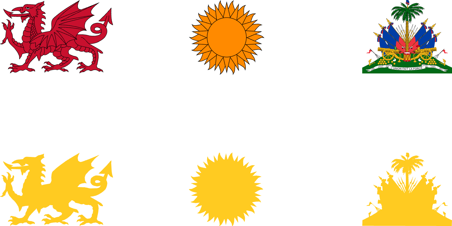 Some examples of image tracing, showing the Welsh Dragon, I-Kiribati sun and Haitian arms converted to orange freeform shapes.